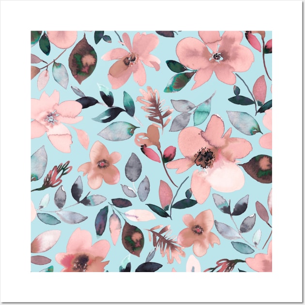 Tropical flowers Pink Blue Wall Art by ninoladesign